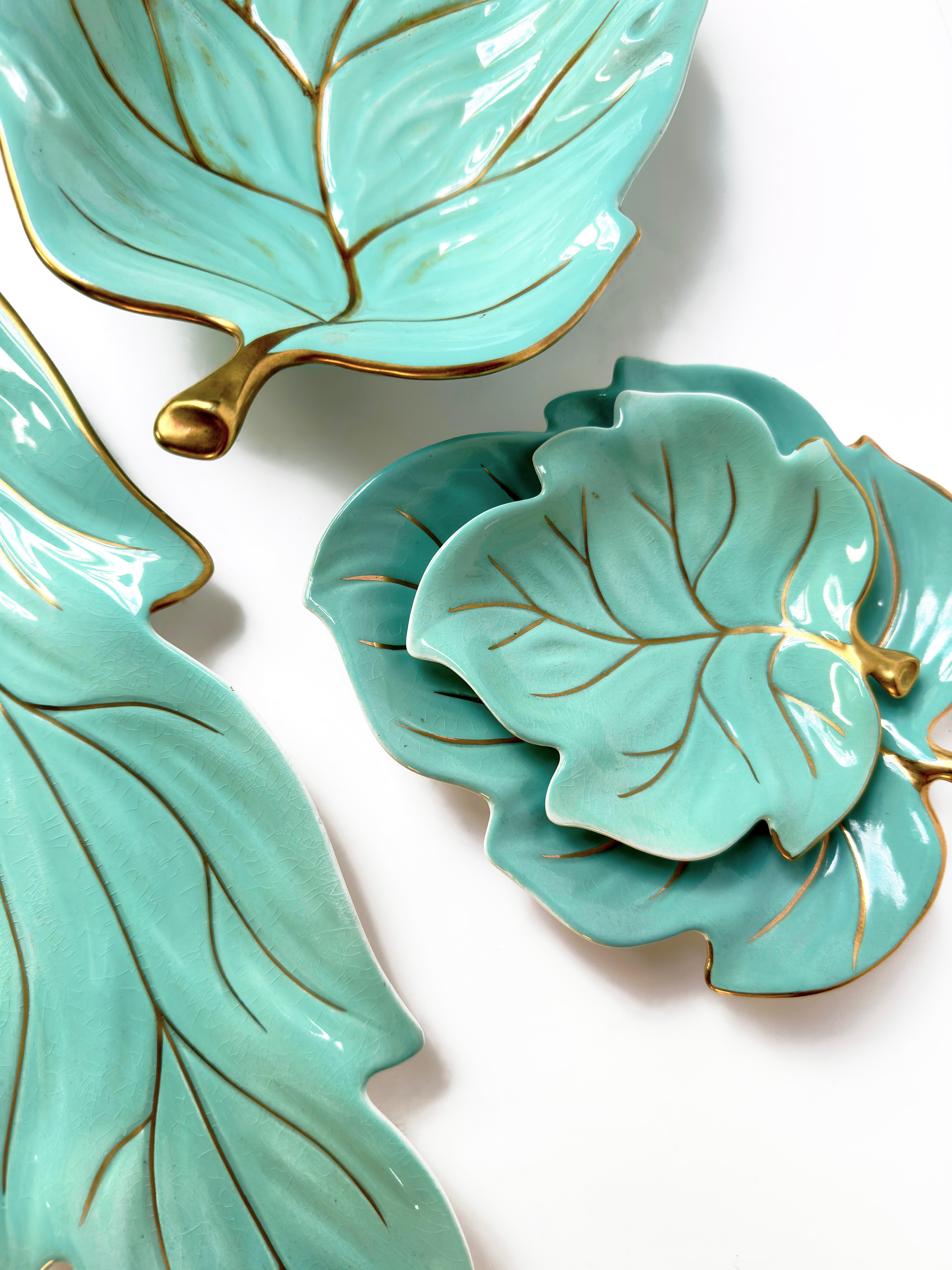 Hand-Painted Vintage Hollywood Regency Style Turquoise and Gold Leaf Plates by Carlton Ware 