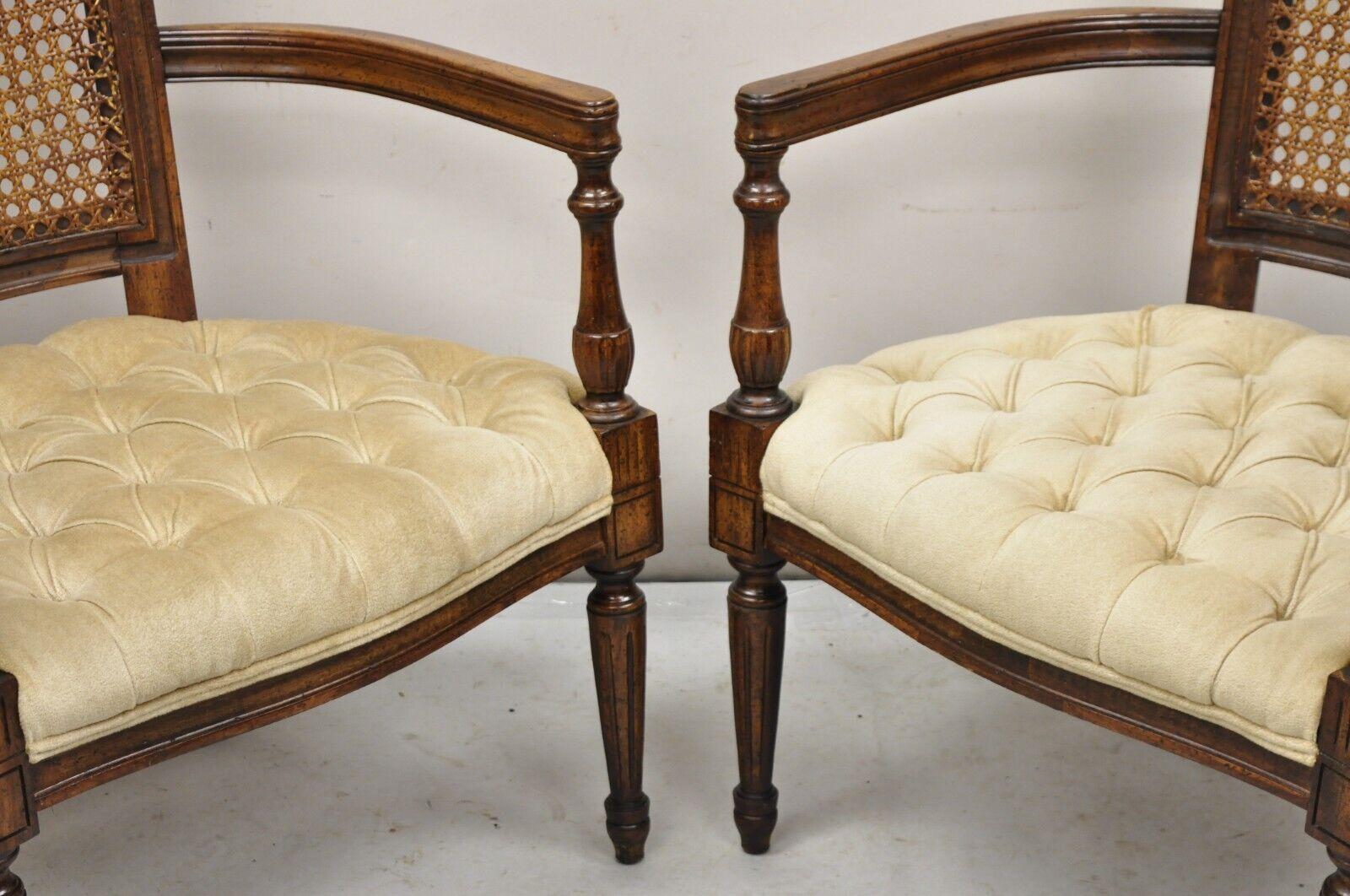 Vintage Hollywood Regency Tall Cane Back Fireside Lounge Armchairs - a Pair In Good Condition For Sale In Philadelphia, PA