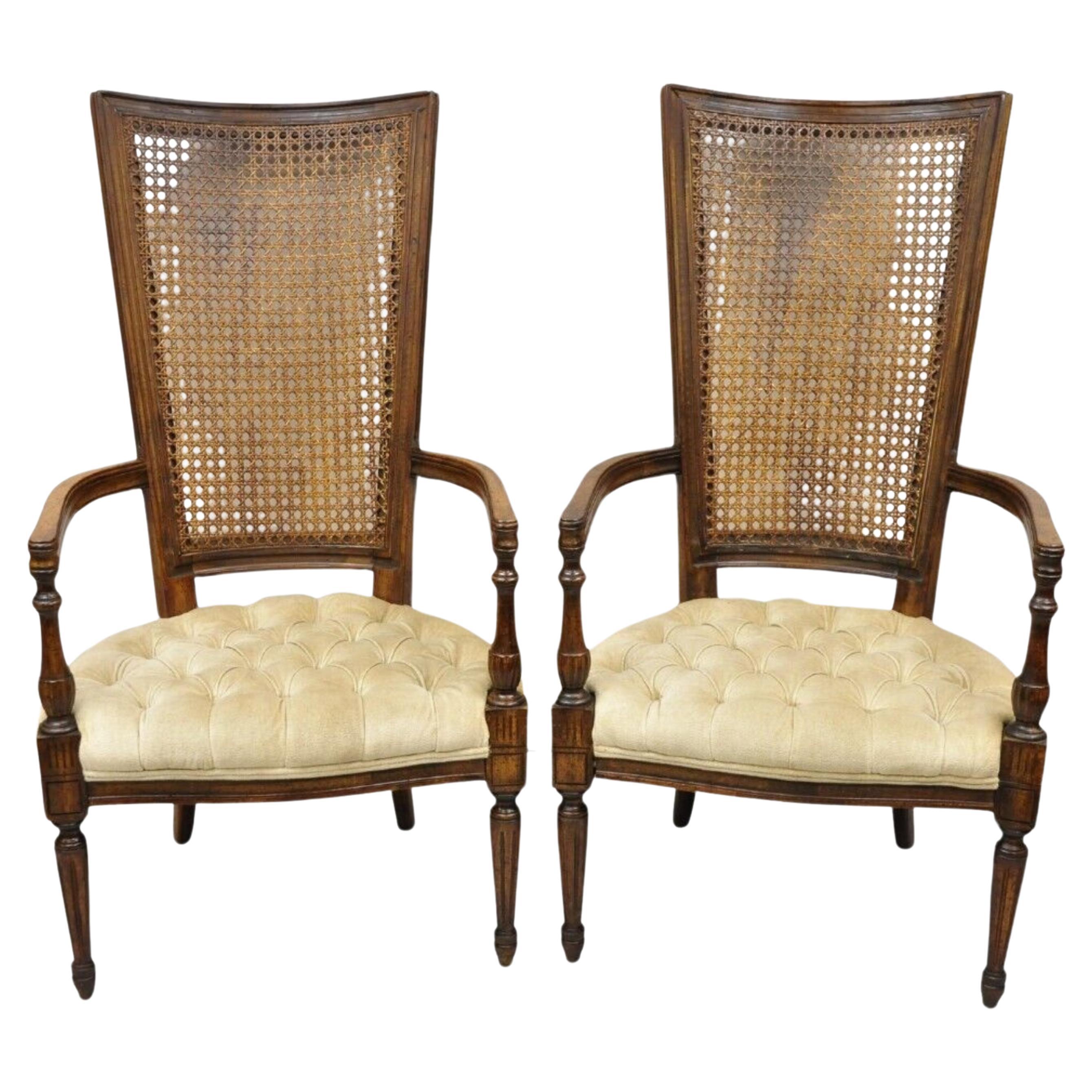 Vintage Hollywood Regency Tall Cane Back Fireside Lounge Armchairs - a Pair For Sale