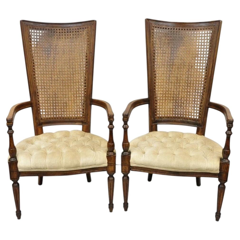 Vintage Hollywood Regency Tall Cane Back Fireside Lounge Armchairs - a Pair For Sale