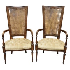 Vintage Hollywood Regency Tall Cane Back Fireside Lounge Armchairs - a Pair