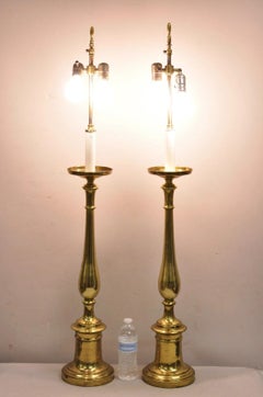 Vintage Hollywood Regency Tall Lacquered Brass Candlestick Table Lamps - a Pair