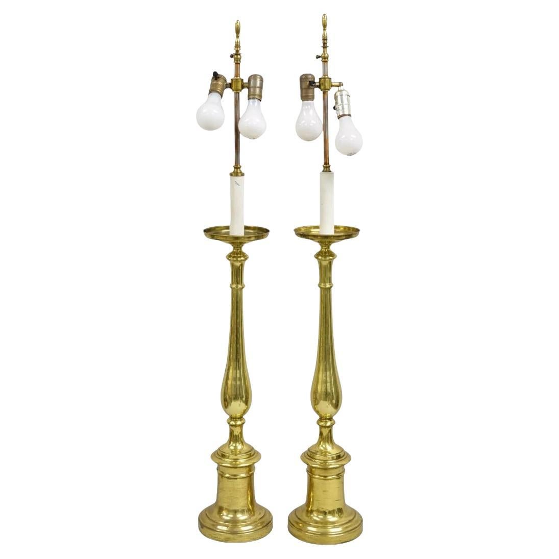 Vintage Hollywood Regency Tall Lacquered Brass Candlestick Table Lamps - a Pair