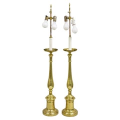 Vintage Hollywood Regency Tall Lacquered Brass Candlestick Table Lamps - a Pair