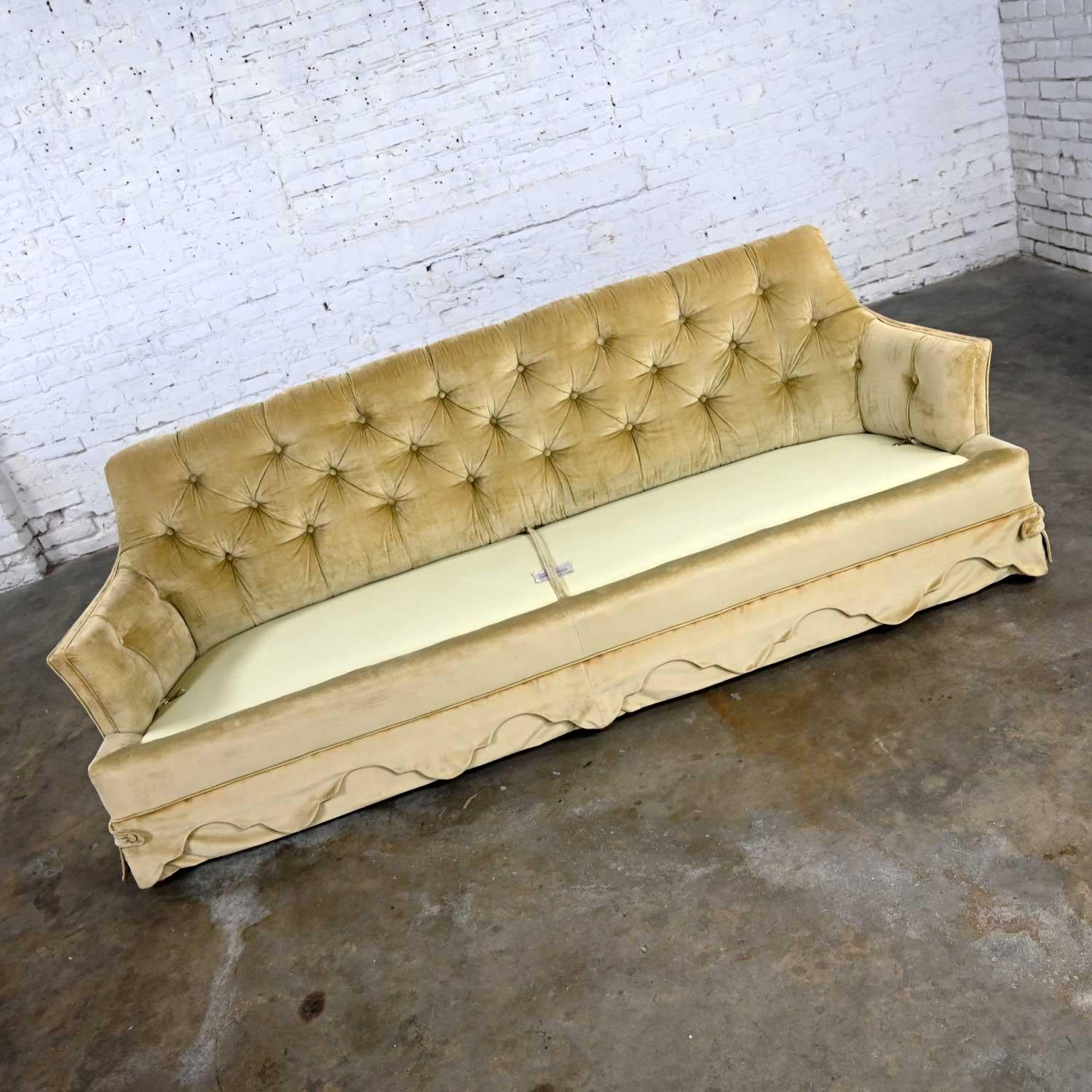 Vintage Hollywood Regency Tawny Colored Button Tufted Velvet Sofa by Heritage 6