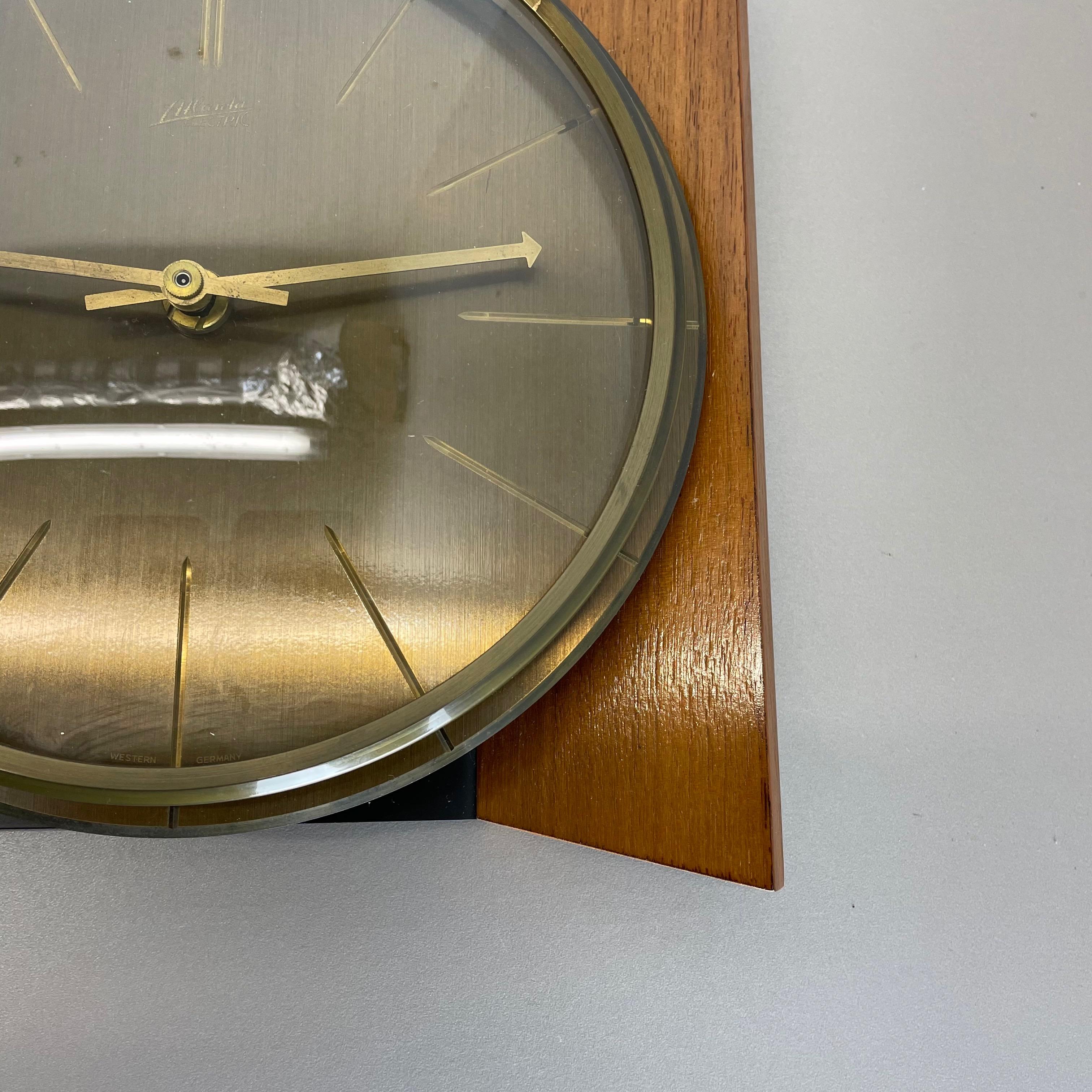 Mid-Century Modern Vintage Hollywood Regency Teak + Brass Wall Clock Atlanta Electric Germany 1960s For Sale