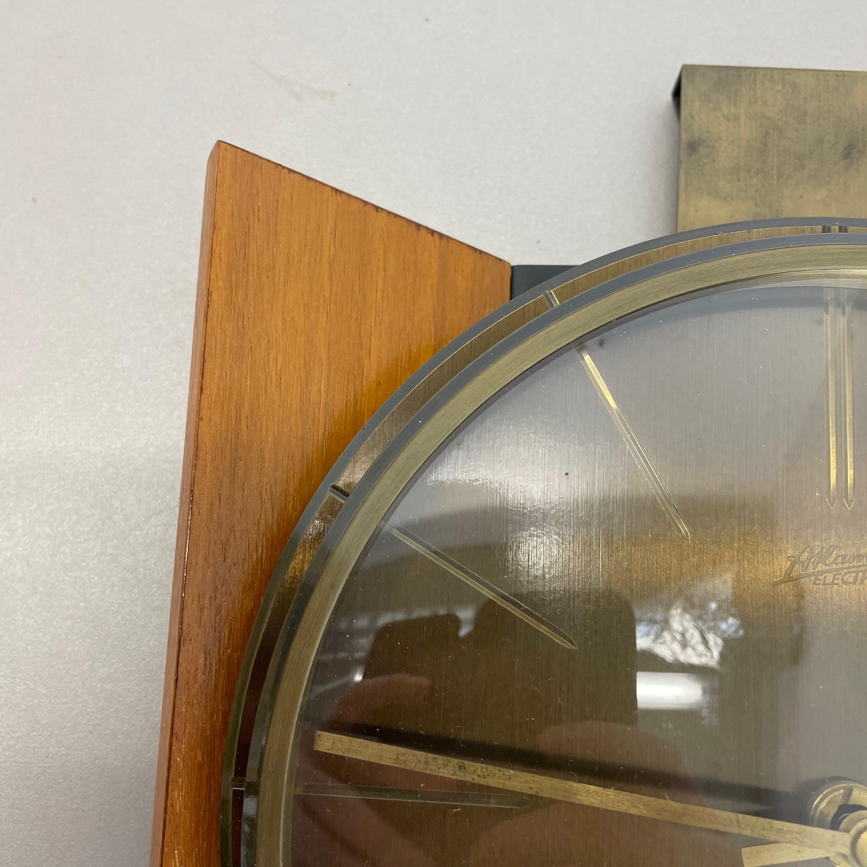 20th Century Vintage Hollywood Regency Teak + Brass Wall Clock Atlanta Electric Germany 1960s For Sale