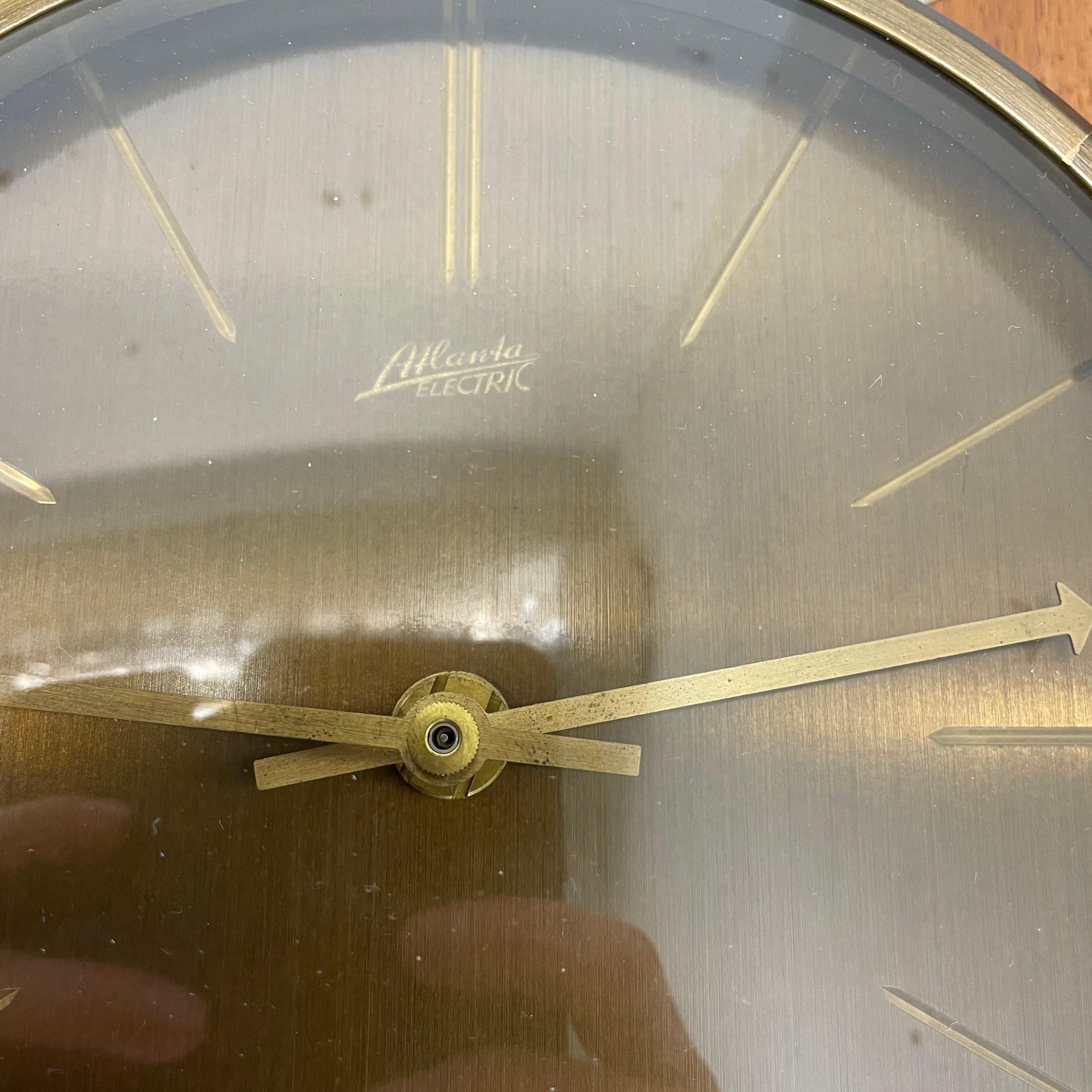 Metal Vintage Hollywood Regency Teak + Brass Wall Clock Atlanta Electric Germany 1960s For Sale