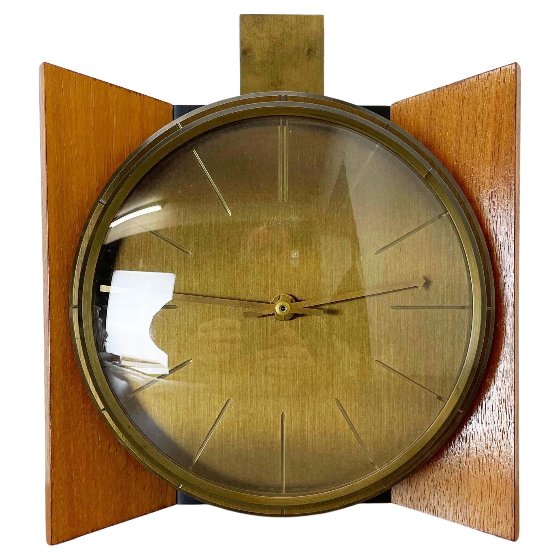 Vintage Hollywood Regency Teak + Brass Wall Clock Atlanta Electric Germany 1960s For Sale