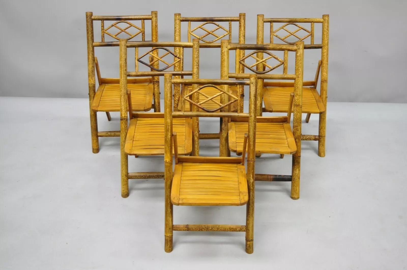 Vintage Hollywood Regency Tiki Kinder-Bambus-Beistellstühle aus Bambus, klappbar, Hollywood Regency, 6er-Set (Moderne der Mitte des Jahrhunderts) im Angebot