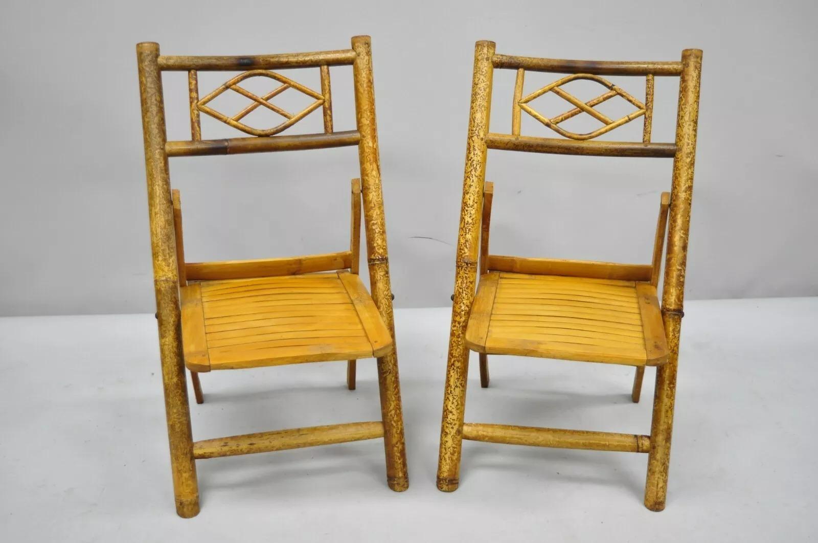 Vintage Hollywood Regency Tiki Kinder-Bambus-Beistellstühle aus Bambus, klappbar, Hollywood Regency, 6er-Set (Unbekannt) im Angebot
