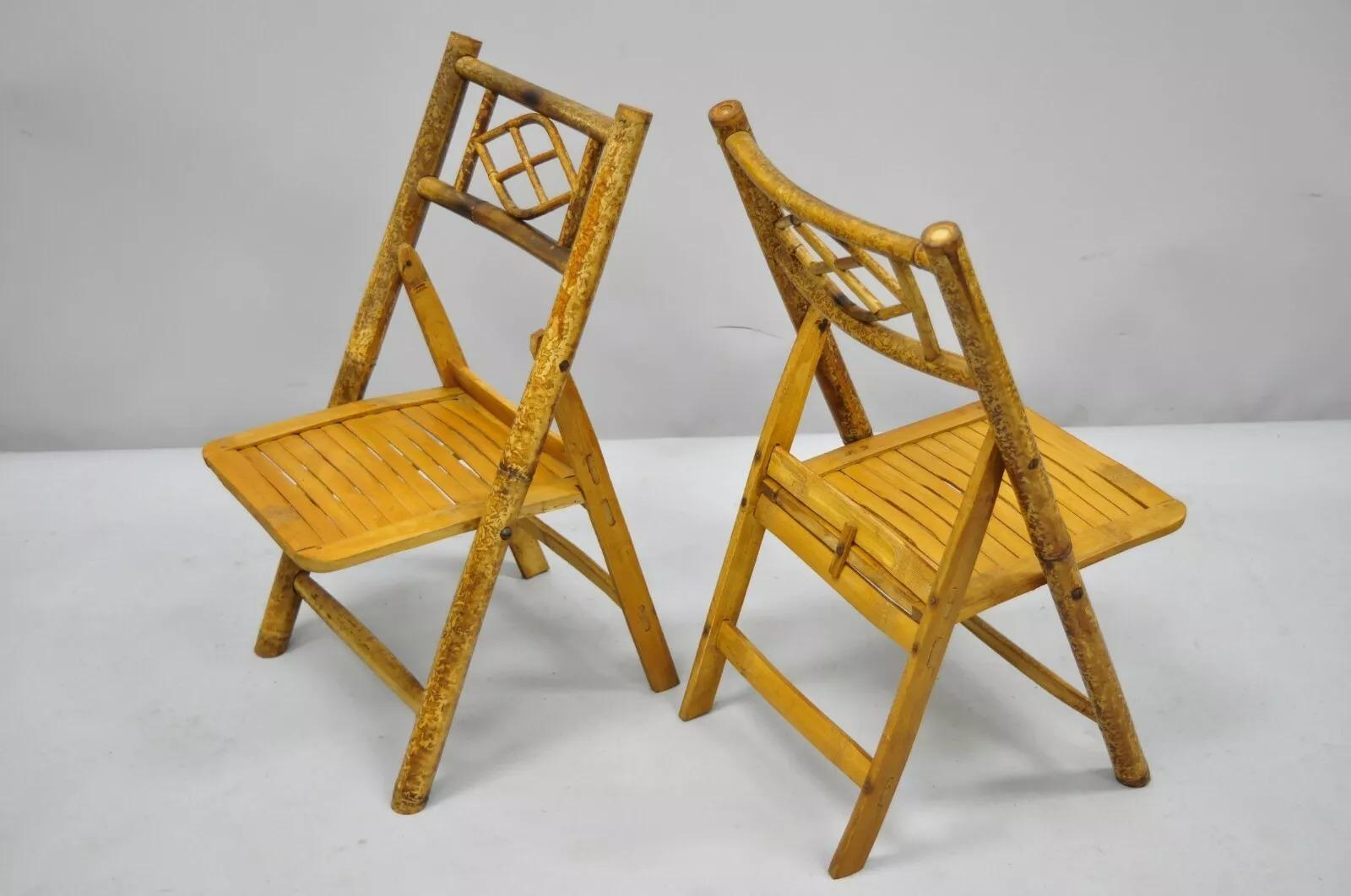 Vintage Hollywood Regency Tiki Kinder-Bambus-Beistellstühle aus Bambus, klappbar, Hollywood Regency, 6er-Set im Angebot 1