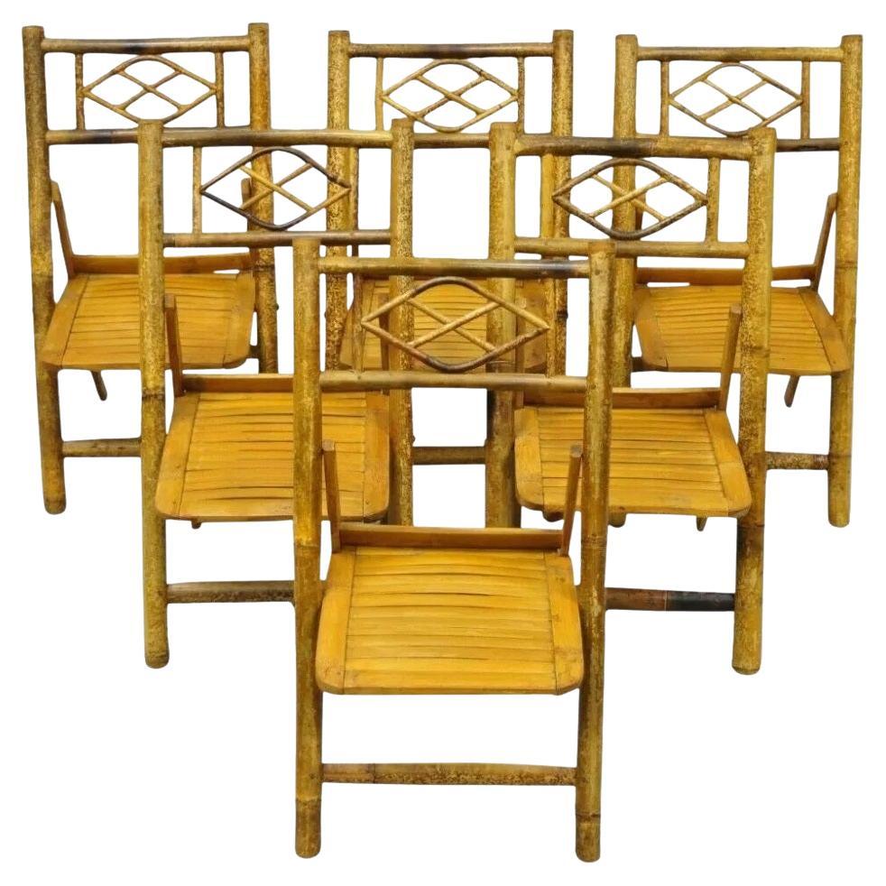 Vintage Hollywood Regency Tiki Sillas laterales plegables de bambú para niños - Set de 6