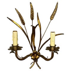 Vintage Hollywood Regency Tole Gilt Sheaf of Wheat Two Arm Wall Sconce with Cord