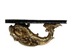Vintage Hollywood Regency Tole Toleware Golden Dolphin Black Shelf, 1980s