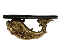 Vintage Hollywood Regency Tole Toleware Golden Dolphin Black Shelf, 1980s