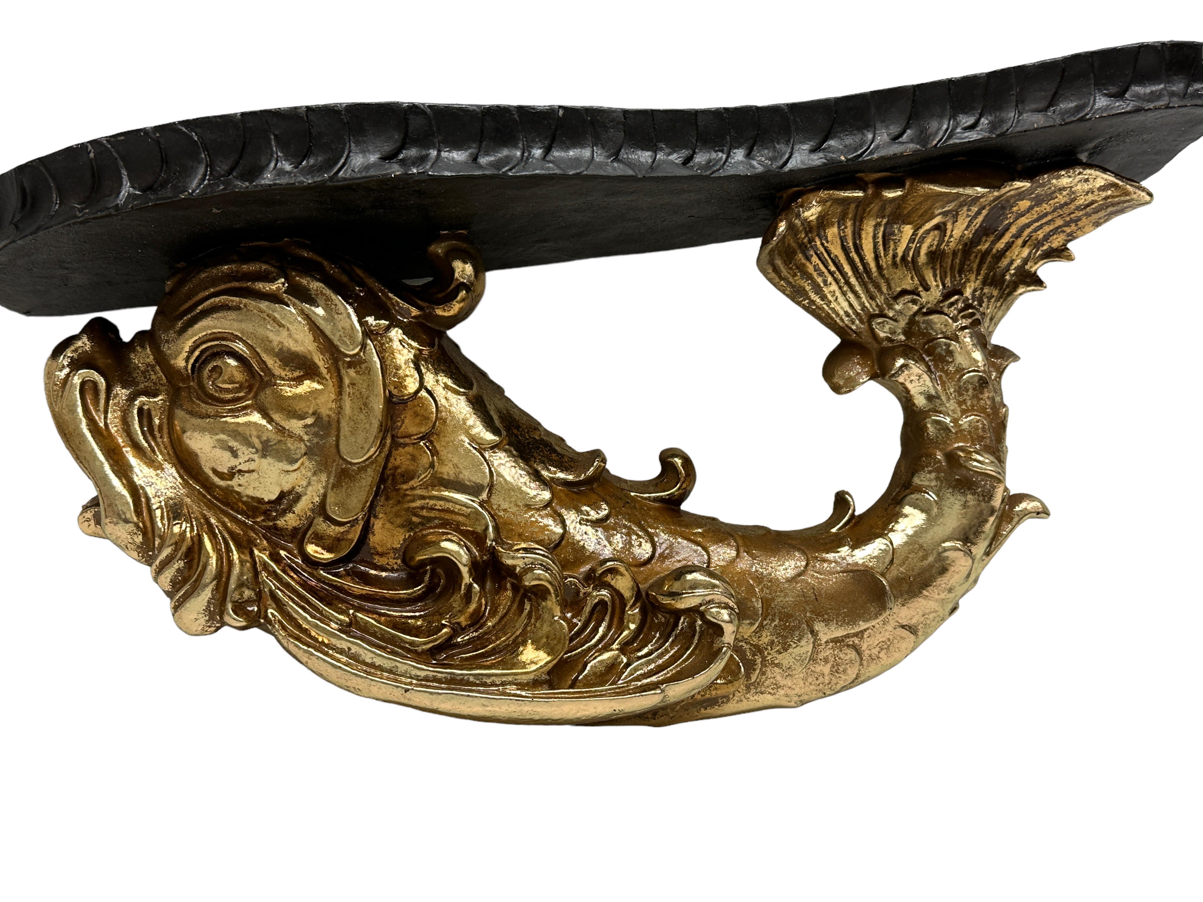 Italian Vintage Hollywood Regency Tole Toleware Golden Dolphin Black Shelf, 1980s