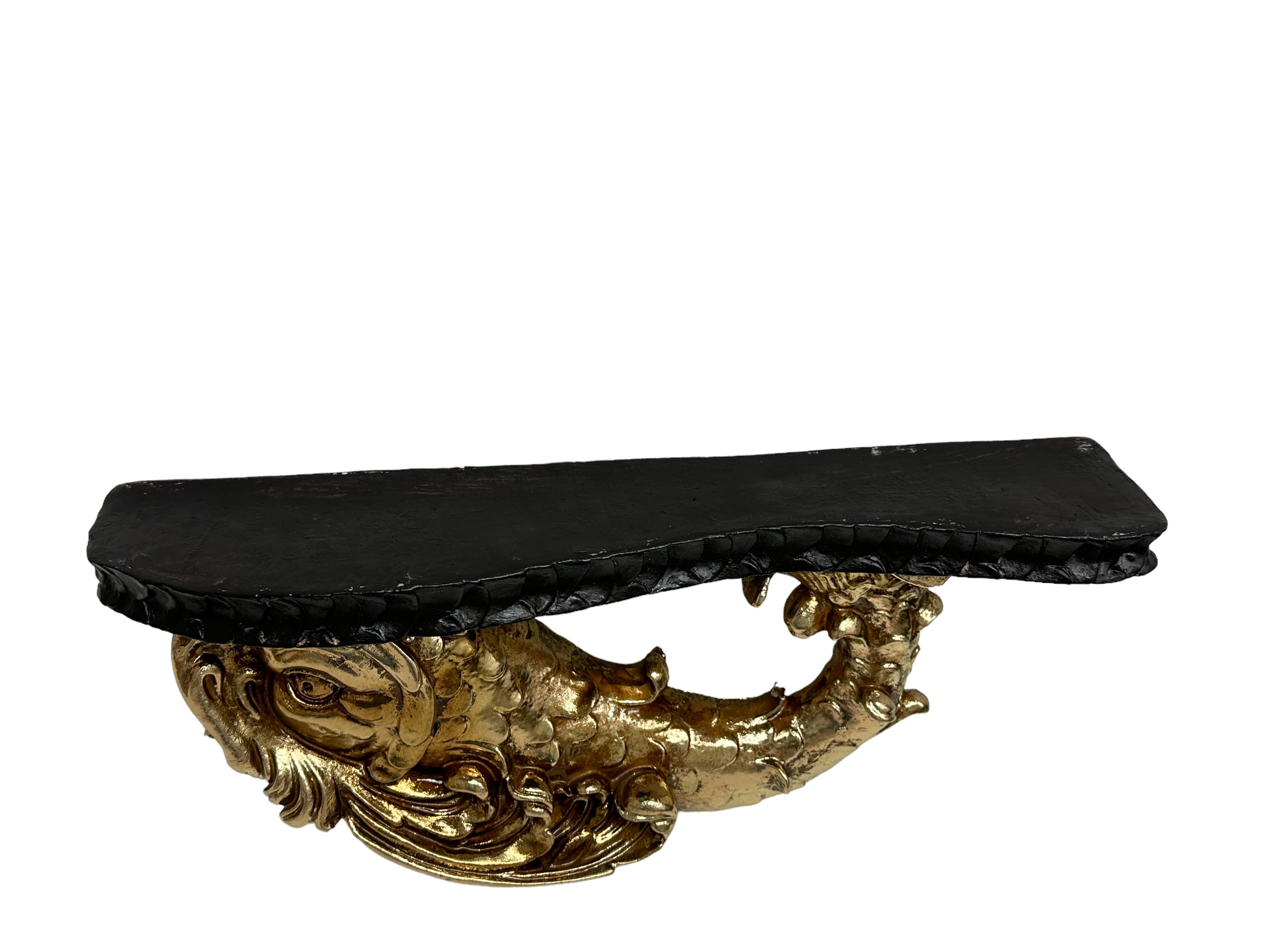 Gilt Vintage Hollywood Regency Tole Toleware Golden Dolphin Black Shelf, 1980s