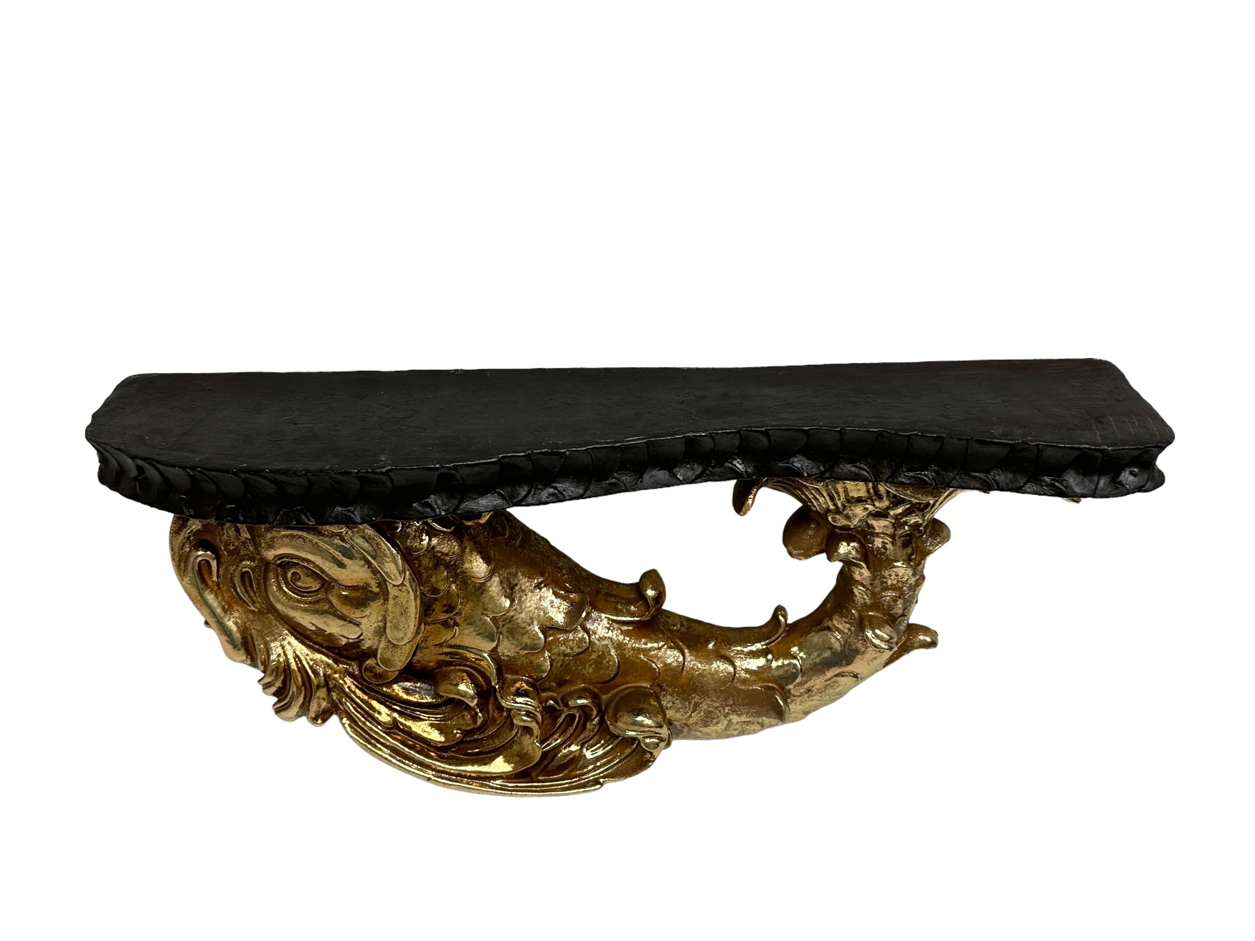 Gilt Vintage Hollywood Regency Tole Toleware Golden Dolphin Black Shelf, 1980s