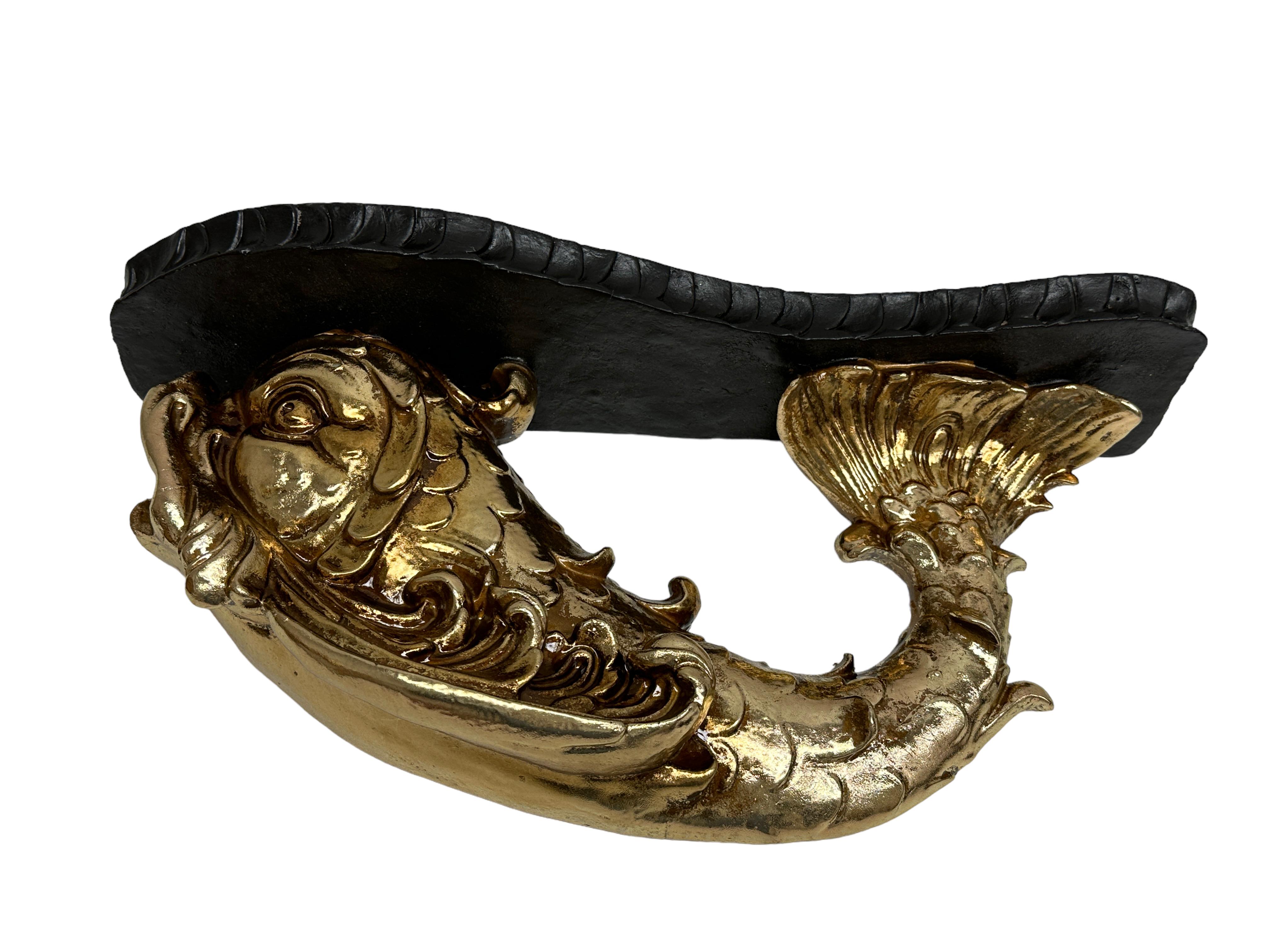 Vintage Hollywood Regency Tole Toleware Golden Dolphin Black Shelf, 1980s In Good Condition In Nuernberg, DE