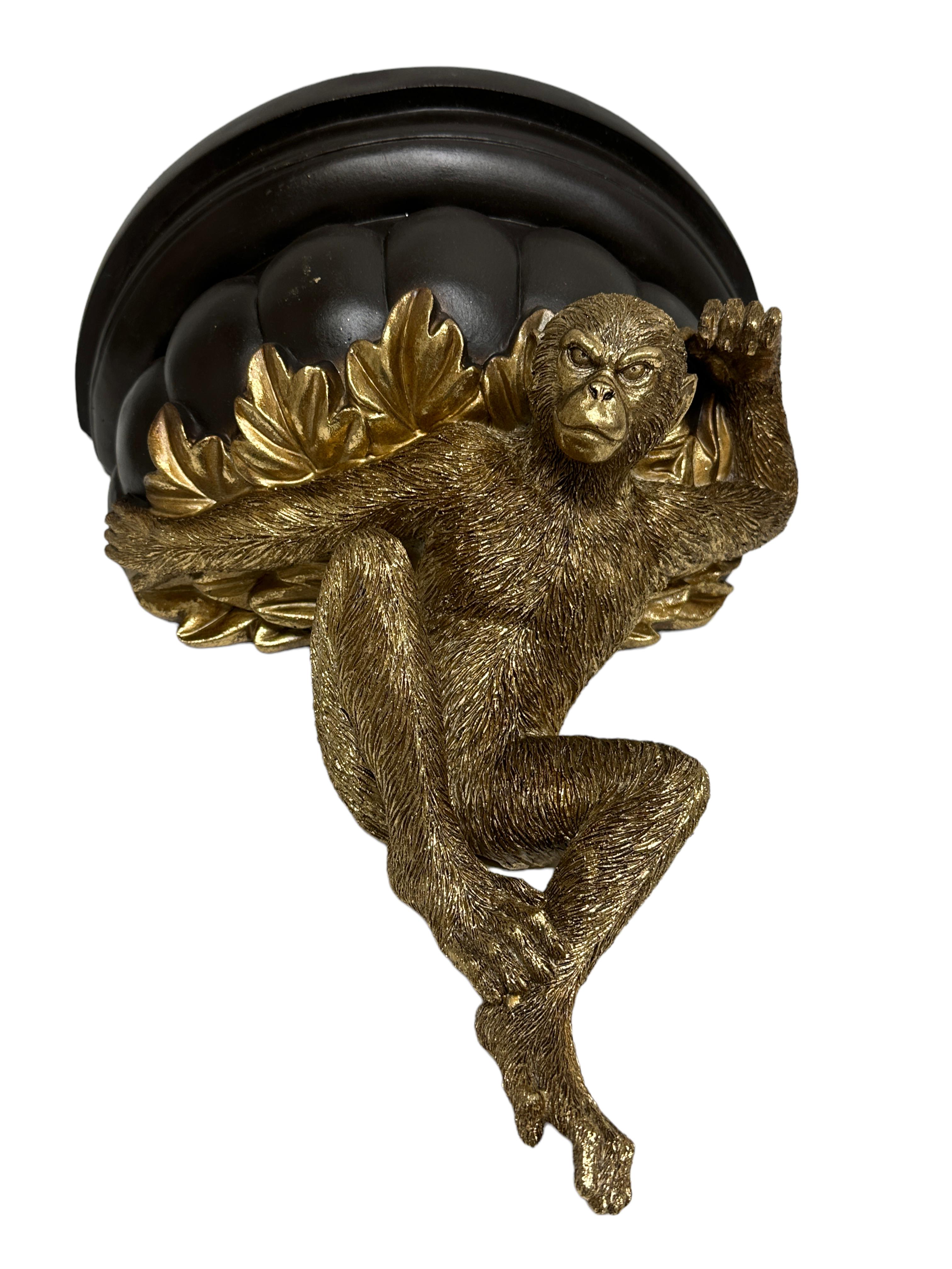 Vintage Hollywood Regency Tole Toleware Golden Monkey Black Shelf, 1980s For Sale 1