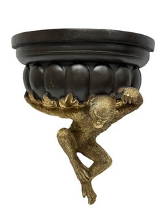 Vintage Hollywood Regency Tole Toleware Golden Monkey Black Shelf, 1980s