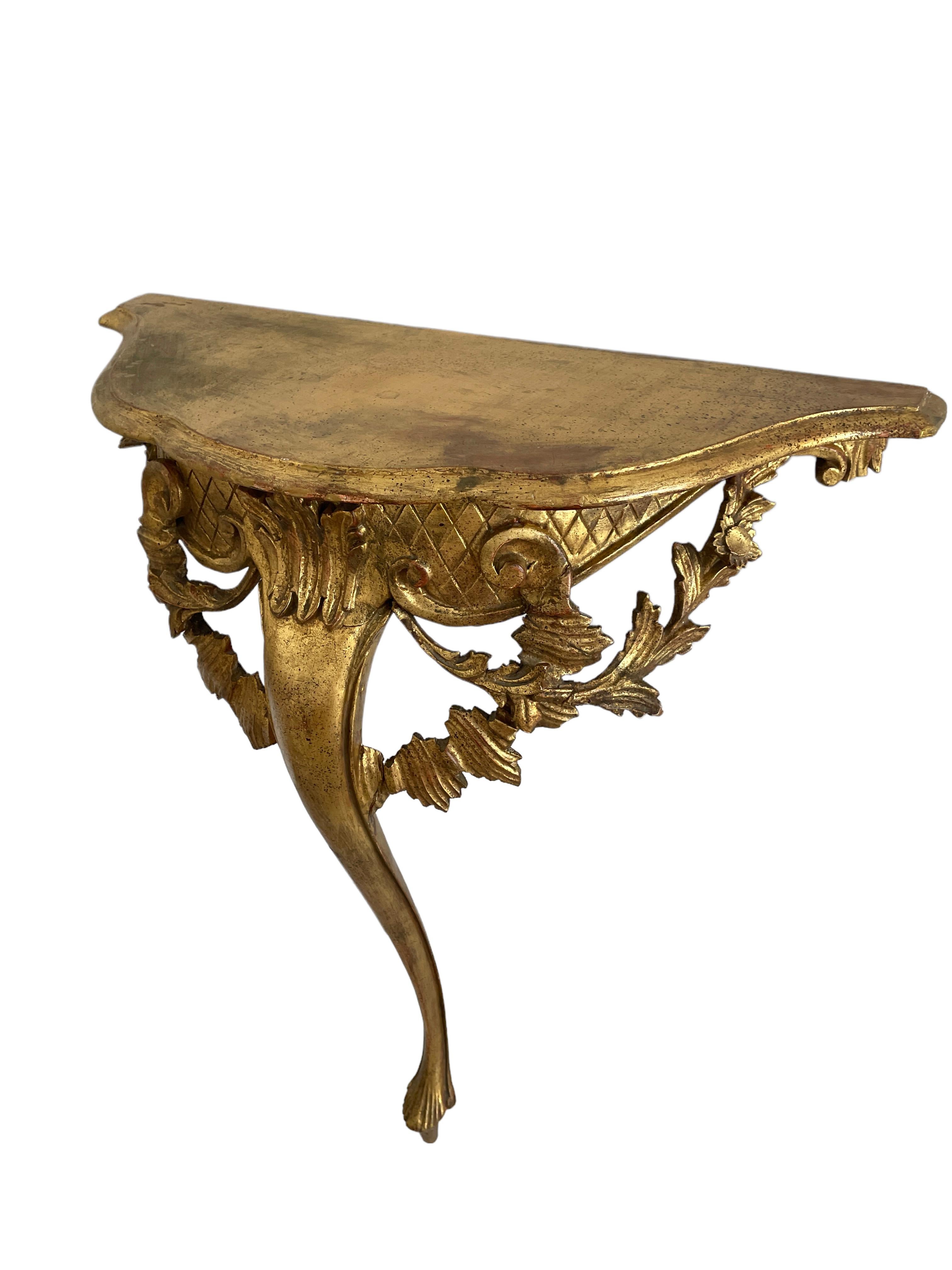Vintage Hollywood Regency Tole Toleware Wall Console Table, Gilded Carved Wood 3