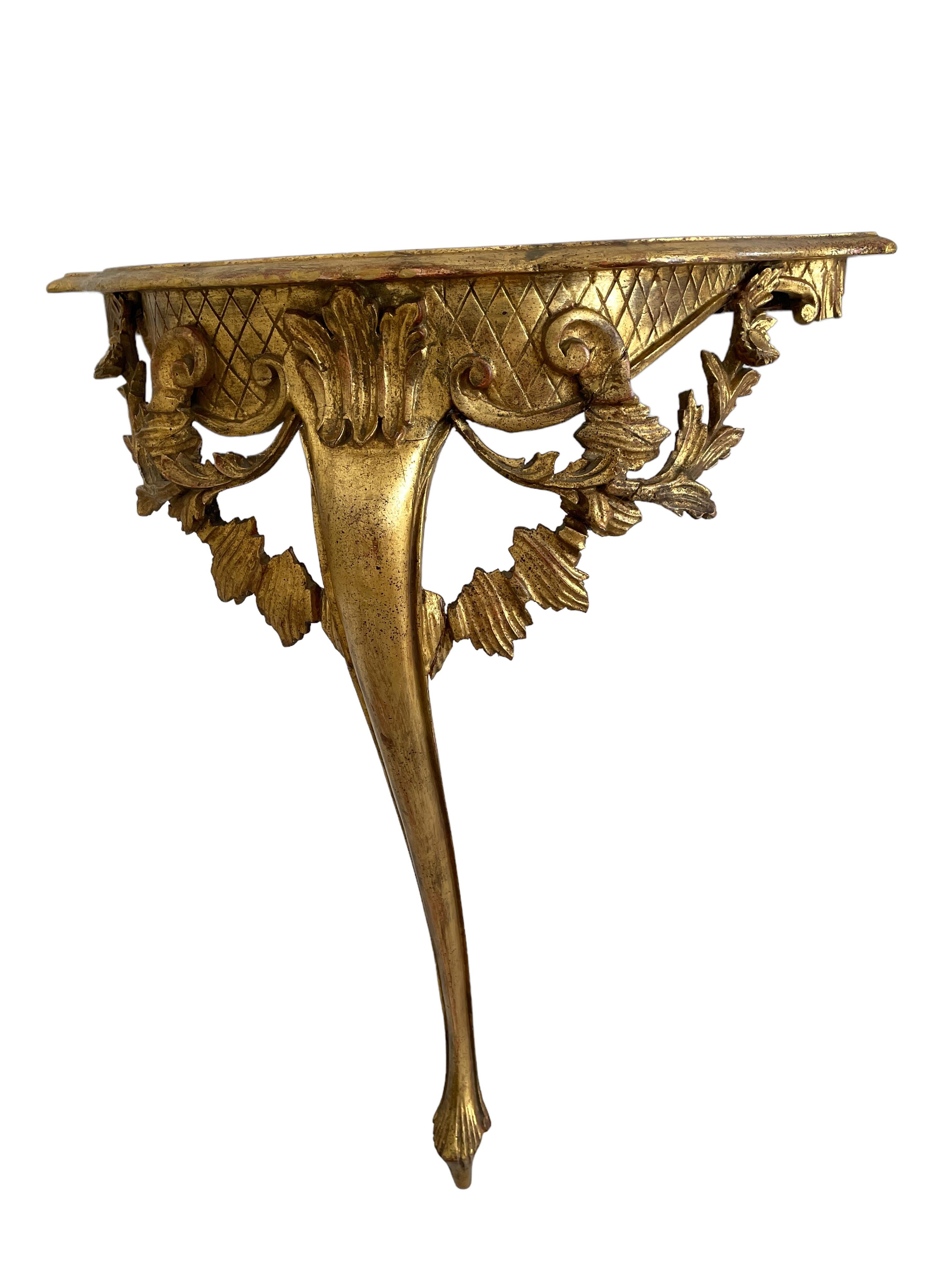 Italian Vintage Hollywood Regency Tole Toleware Wall Console Table, Gilded Carved Wood