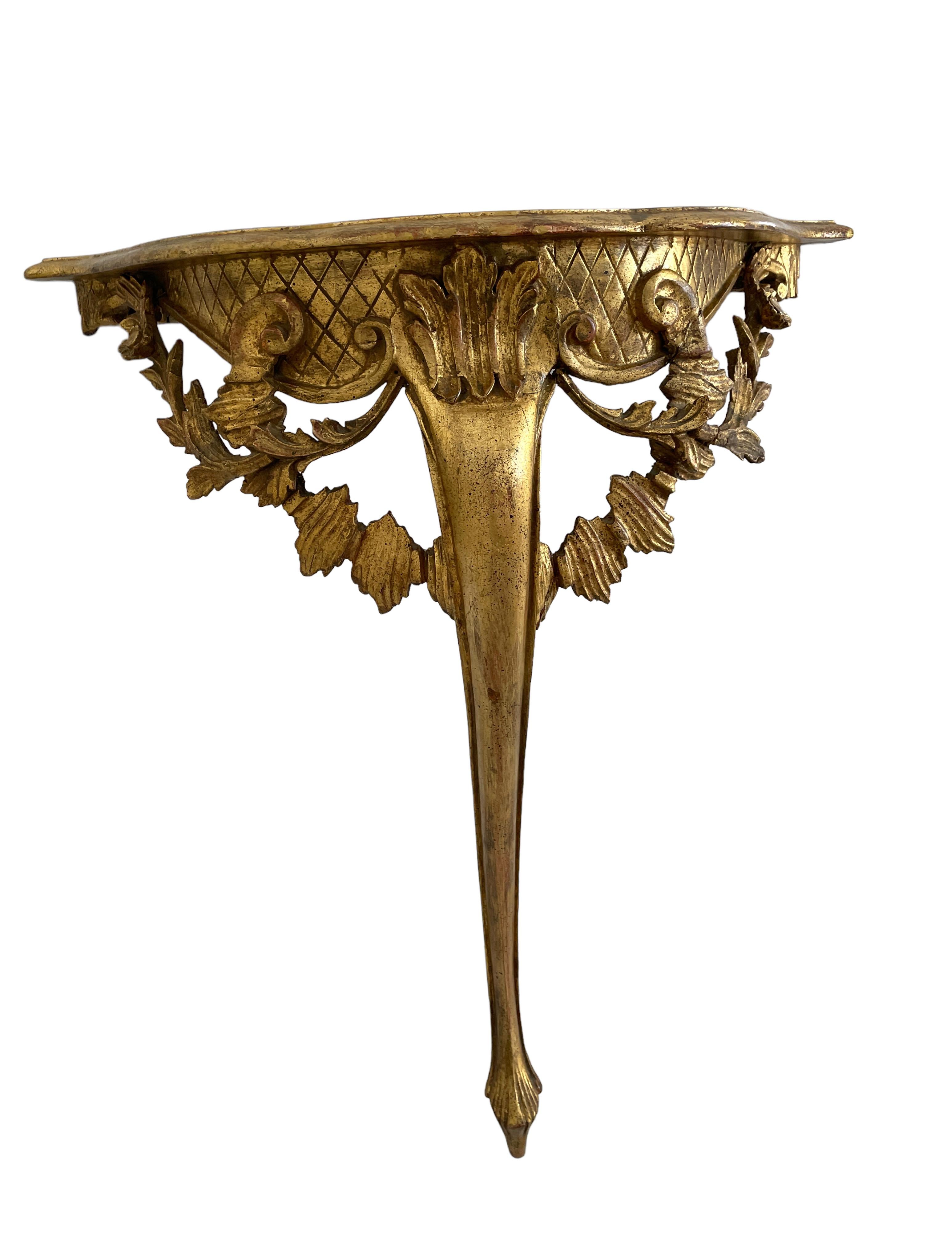 Gilt Vintage Hollywood Regency Tole Toleware Wall Console Table, Gilded Carved Wood