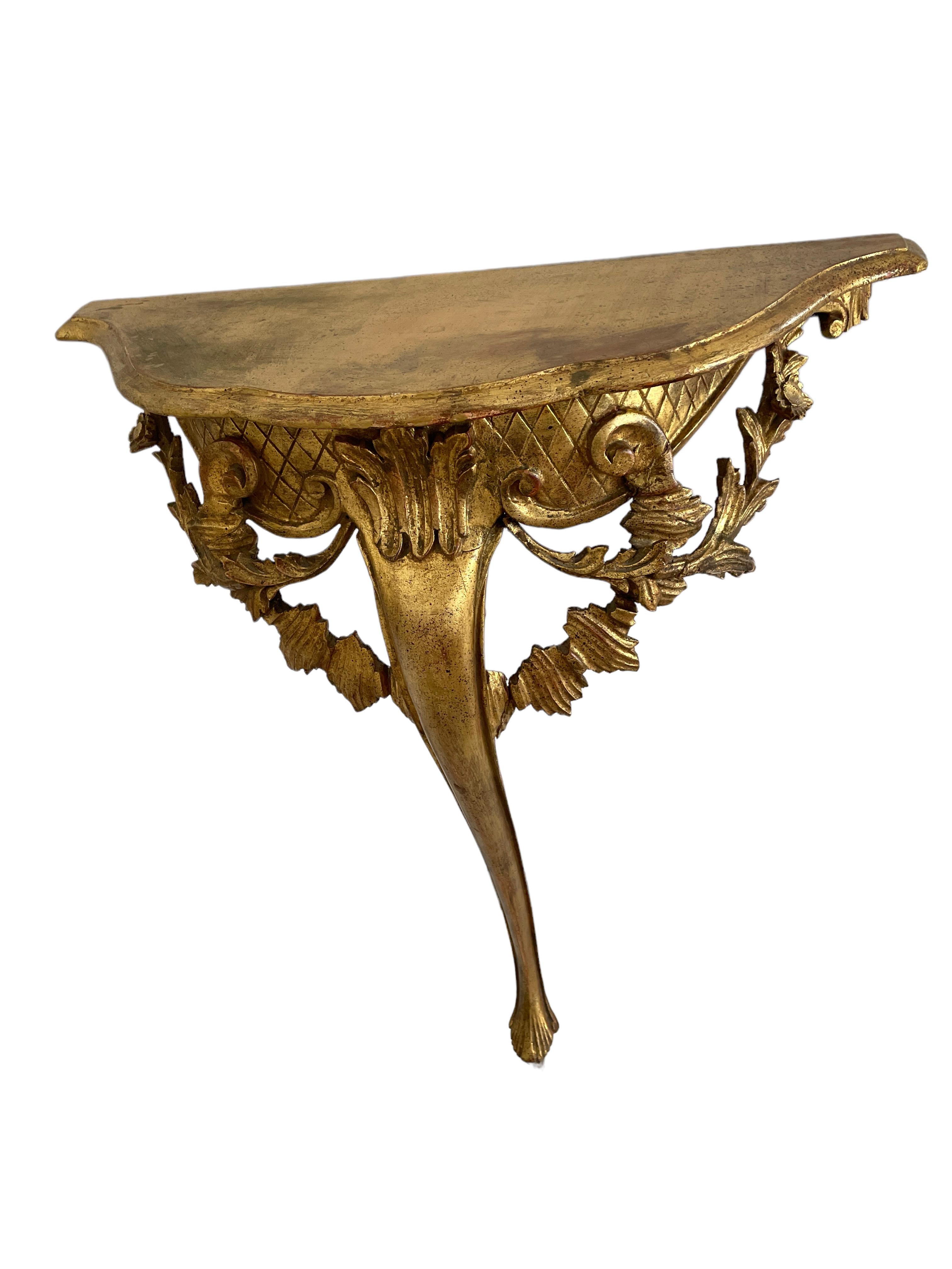 Vintage Hollywood Regency Tole Toleware Wall Console Table, Gilded Carved Wood In Good Condition In Nuernberg, DE