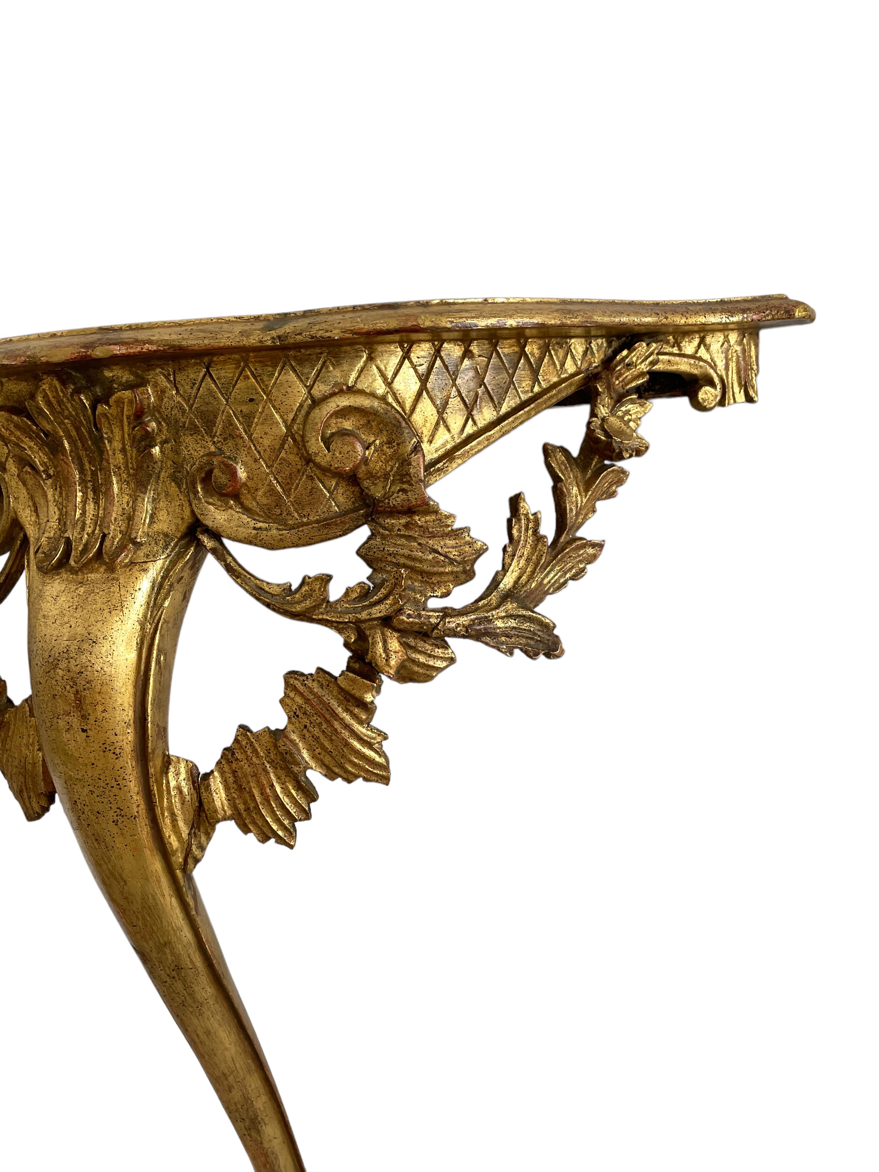 Early 20th Century Vintage Hollywood Regency Tole Toleware Wall Console Table, Gilded Carved Wood