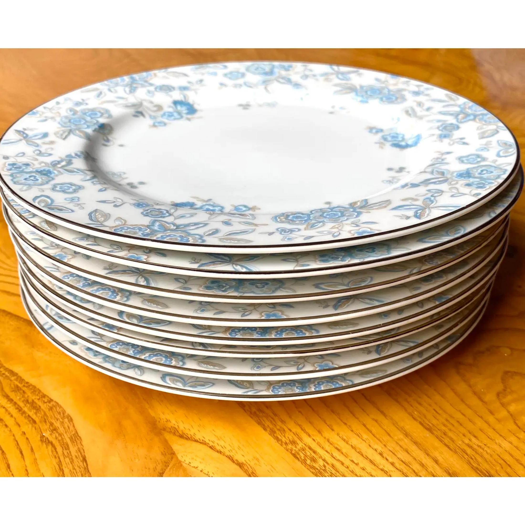 Beautiful set of Vintage Towne chine. The prettiest floating blue flower pattern with a silver rim.
8 dinner plates
8 salad plates
8 soup bowls
8 bread plates