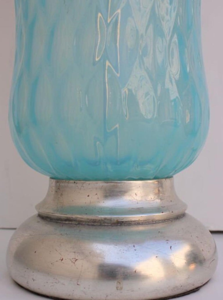 Vintage Hollywood Regency turquoise quilted Murano glass table lamp.