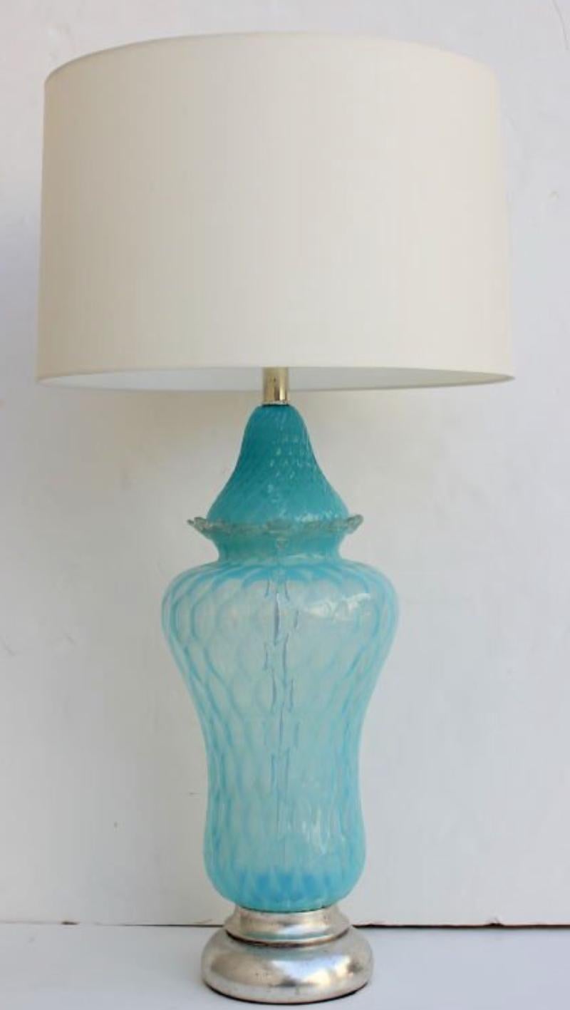Mid-Century Modern Vintage Hollywood Regency Turquoise Quilted Murano Glass Table Lamp For Sale