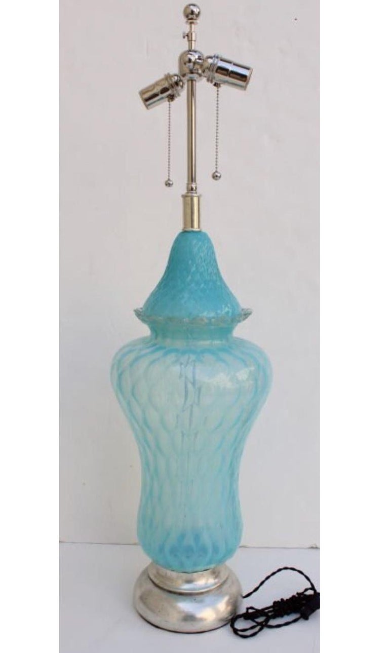 Italian Vintage Hollywood Regency Turquoise Quilted Murano Glass Table Lamp For Sale