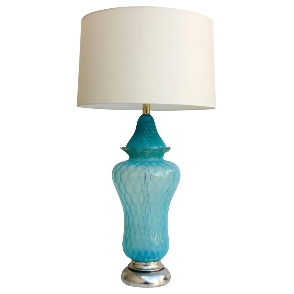 Vintage Hollywood Regency Turquoise Quilted Murano Glass Table Lamp For Sale
