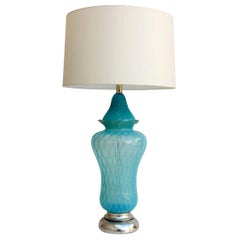 Retro Hollywood Regency Turquoise Quilted Murano Glass Table Lamp