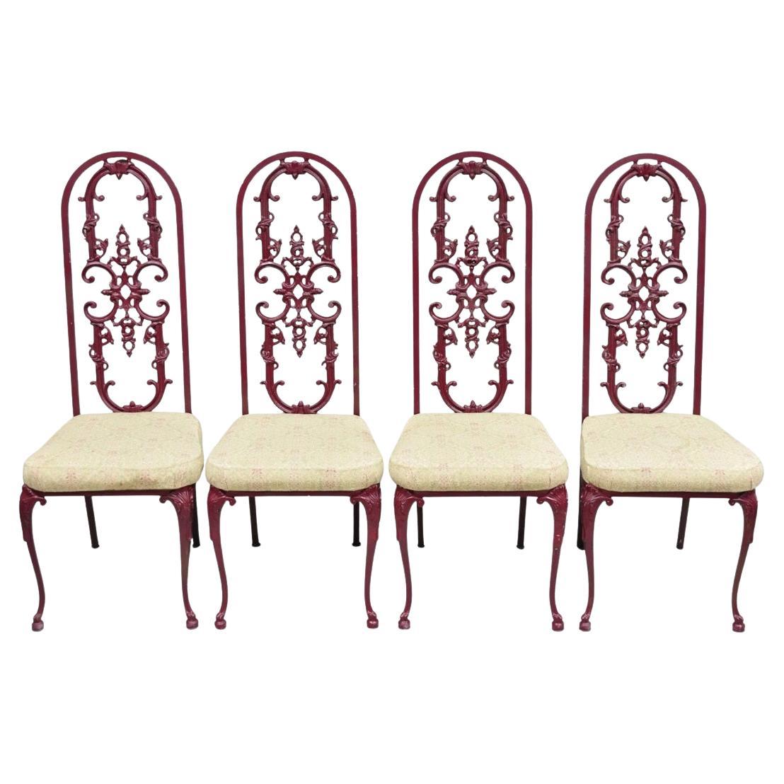 Vintage Hollywood Regency Victorian Style Red Cast Metal Dining Chairs Set of 4