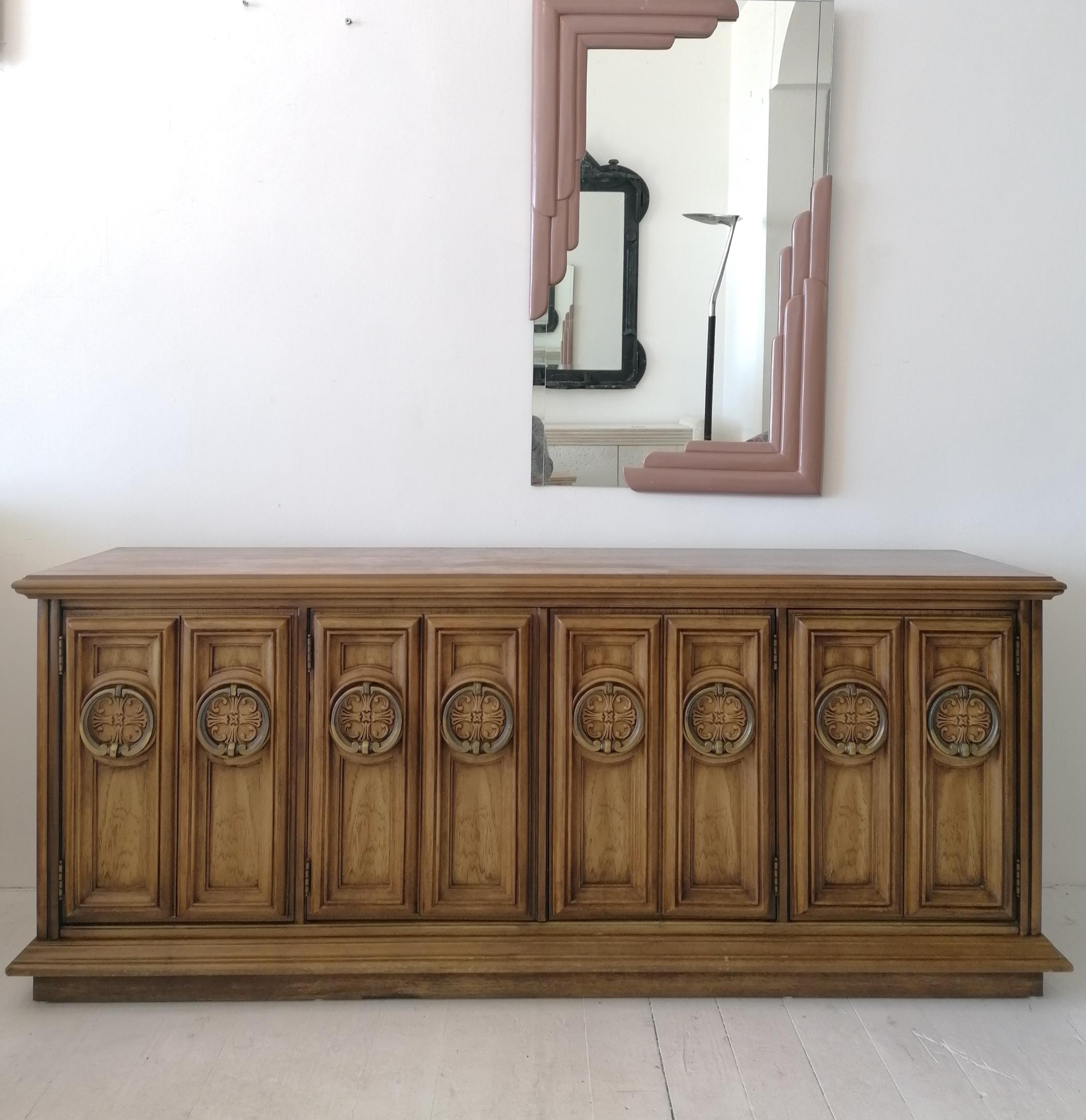 Brass Vintage Hollywood Regency Walnut Sideboard with Large Ring Pulls, USA, 1960s