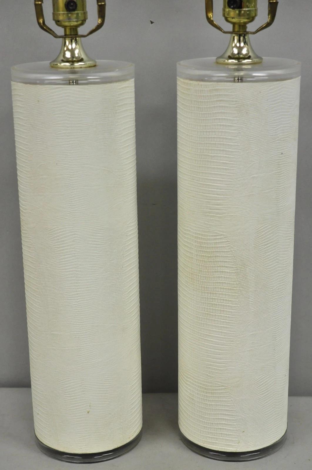 Unknown Vintage Hollywood Regency White Faux Alligator Embossed Cylinder Table Lamp Pair For Sale