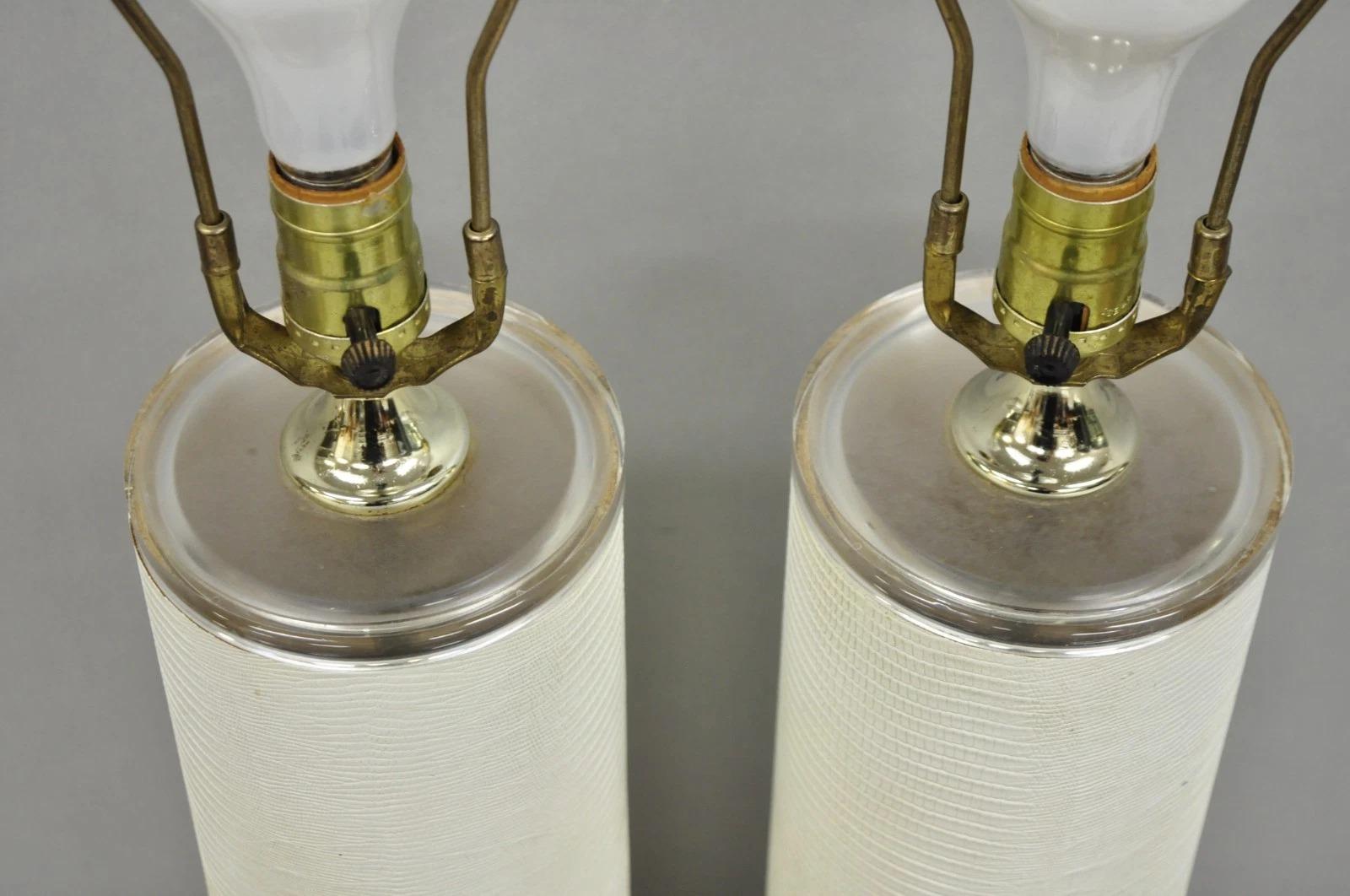 Lucite Vintage Hollywood Regency White Faux Alligator Embossed Cylinder Table Lamp Pair For Sale