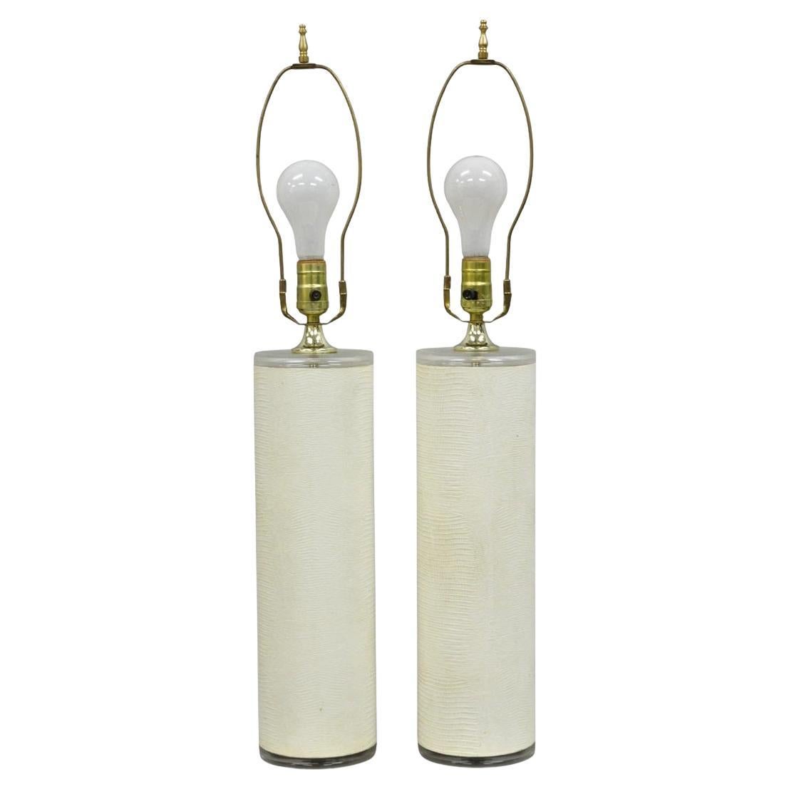 Vintage Hollywood Regency White Faux Alligator Embossed Cylinder Table Lamp Pair For Sale