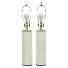 Vintage Hollywood Regency White Faux Alligator Embossed Cylinder Table Lamp Pair