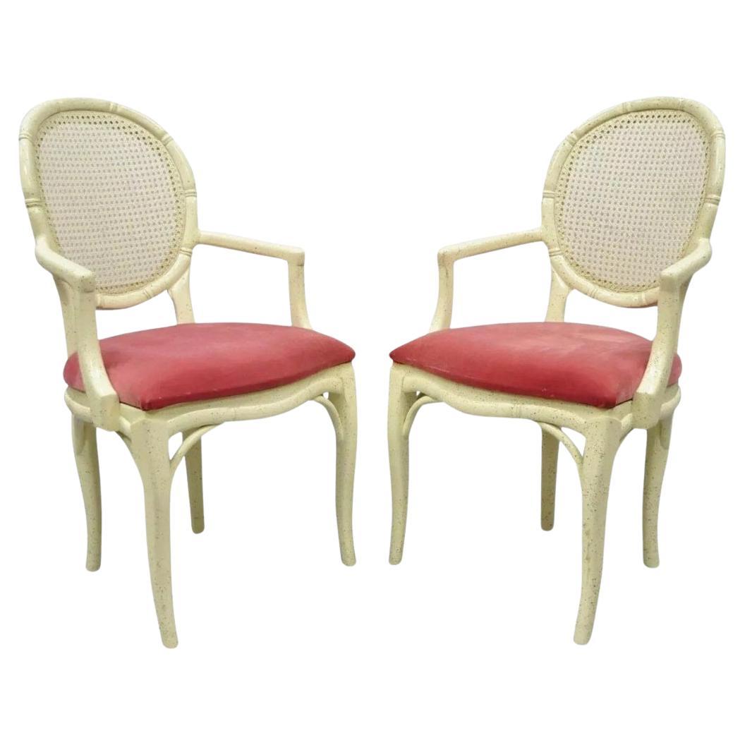 Vintage Hollywood Regency White Faux Bois Bamboo Cane Back Arm Chairs - a Pair