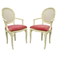 Vintage Hollywood Regency White Faux Bois Bamboo Cane Back Arm Chairs - a Pair