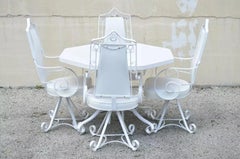 Vintage Hollywood Regency White Iron Scrolling Swivel Kitchen Dining Set - 5 pc