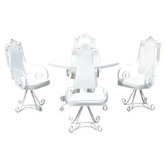 Vintage Hollywood Regency White Iron Scrolling Swivel Kitchen Dining Set - 5 pc