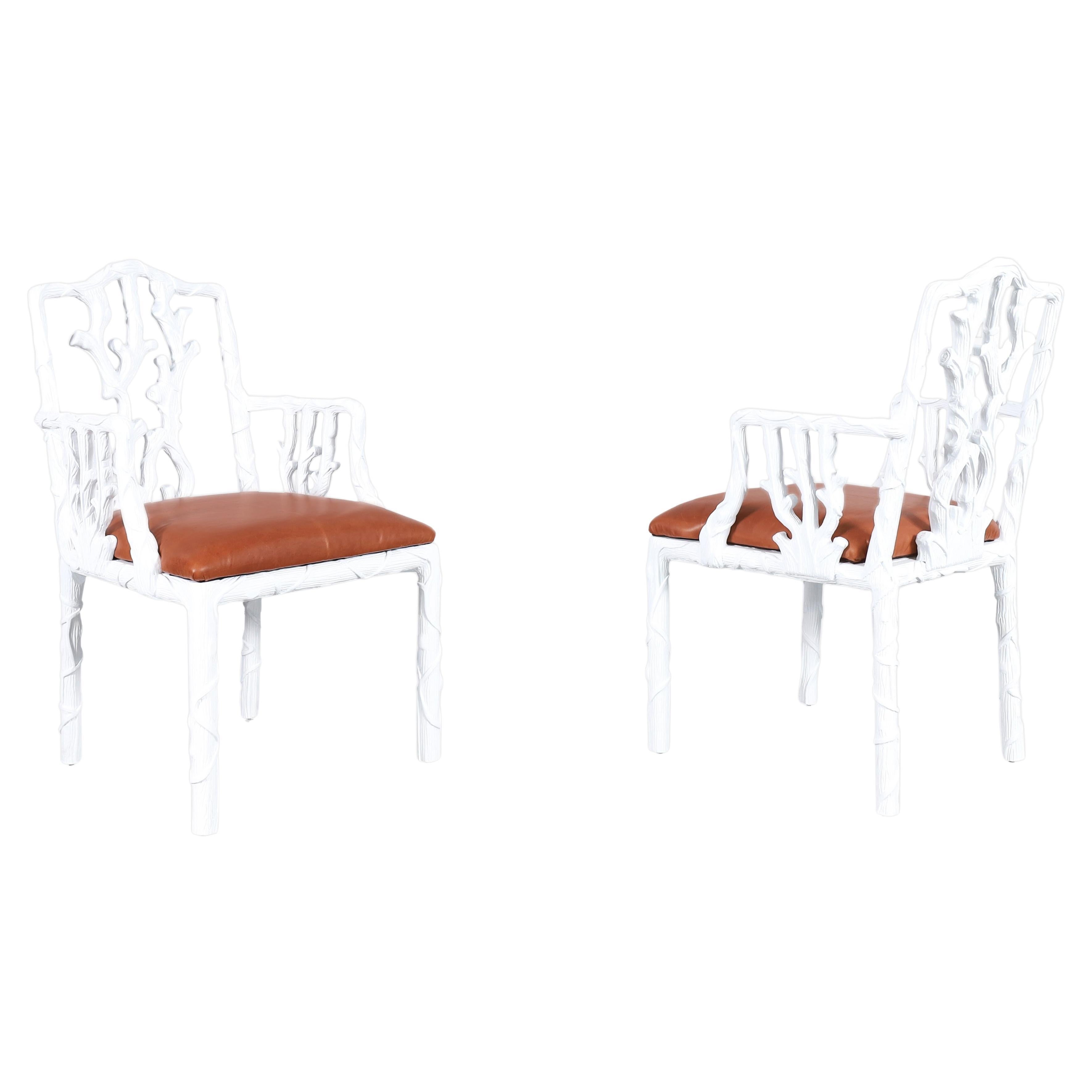 Vintage Hollywood Regency White Lacquered and Leather Armchairs, 1960s For Sale