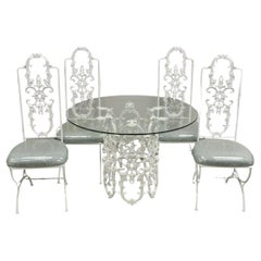 Vintage Hollywood Regency White Ornate Wrought Iron Scroll Dining Set - 5 Pc Set