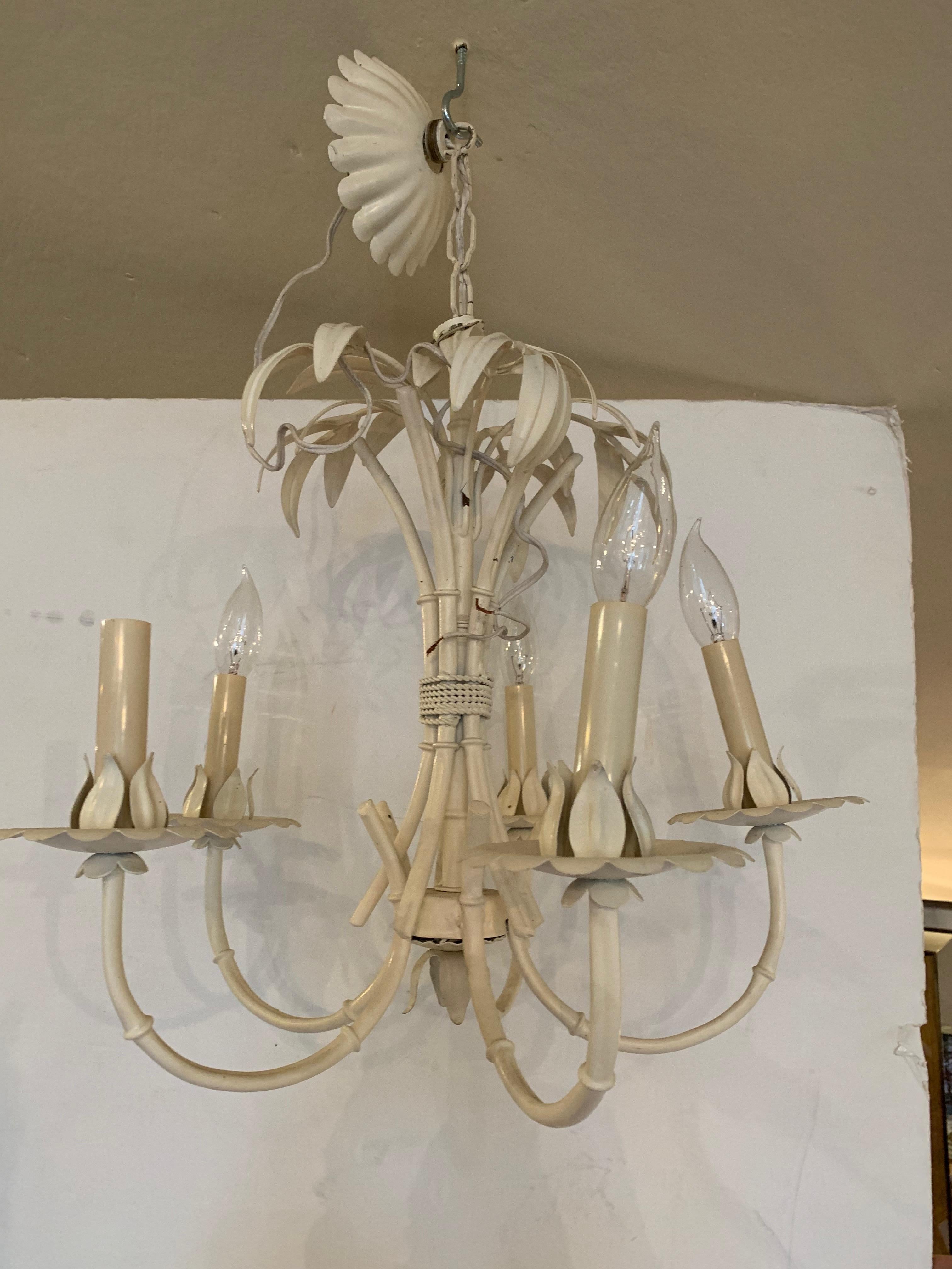 American Vintage Hollywood Regency White Painted Faux Bamboo Iron and Tole Chandelier